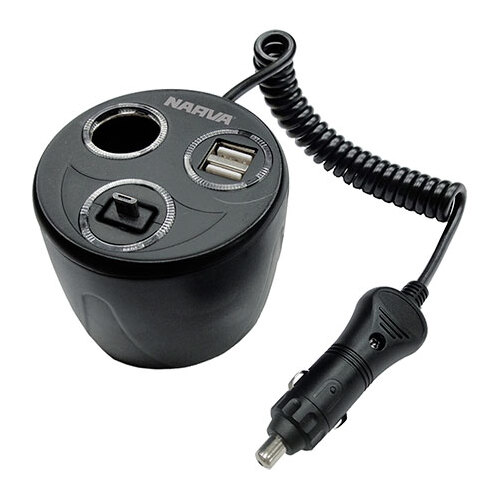 NARVA POWER-CUP ADAPTOR WITH ACCESSORY AND TWIN USB SOCKETS, MICRO USB PLUG