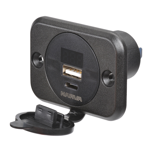 Narva 81106BL USB / USB-C Socket With Volt / Amp Meter 12 or 24 Volt