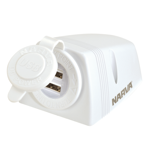 NARVA 81154WBL WHITE SURFACE MOUNT DUAL USB SOCKET WITH DUST COVER 5V @ 2.5A