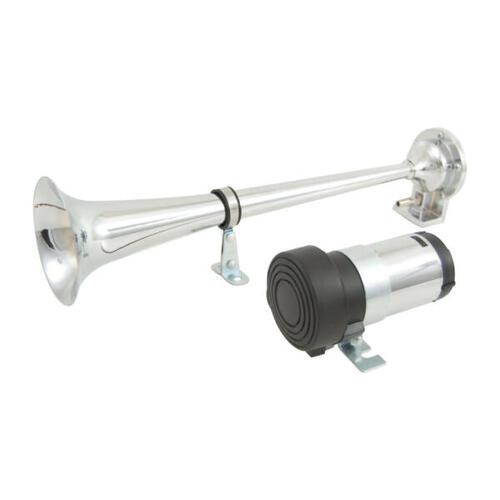 SINGLE TRUMPET CHROME METAL AIR HORN - EXTRA LOUD 12V 388mm LENGTH ( AAA-1221 )