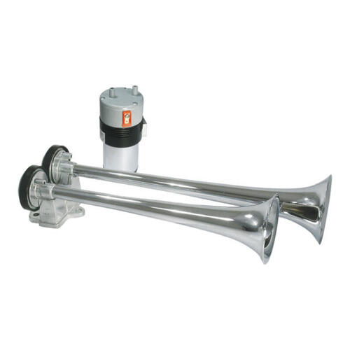 Twin Trumpet Chrome Metal Air Horns Very Extra Loud 12V 37 & 32cm Long AAA-1222