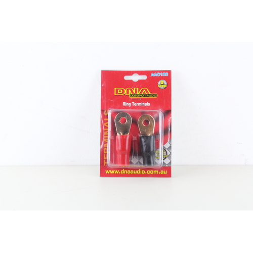 DNA 0 GAUGE RING TERMINALS - GOLD PLATED WITH COLOUR CODED RUBBER INSULATORS