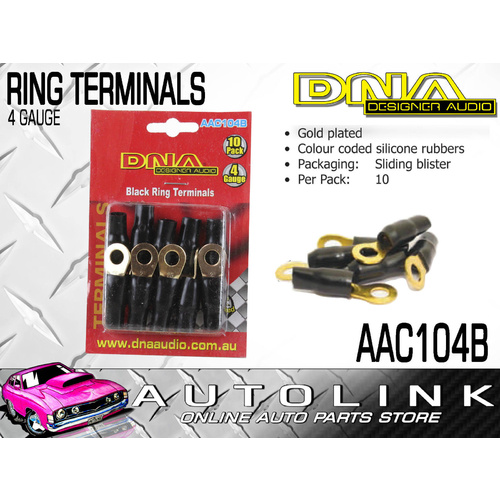 DNA 4 GAUGE RING TERMINALS GOLD PLATED BLACK WITH RUBBER INSULATORS (10 PACK)