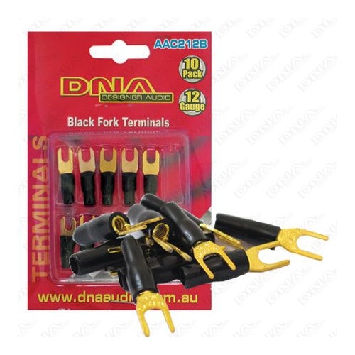 DNA AAC212B 12 Gauge Black Fork Terminals - Insulated Gold Plated 10 Pack