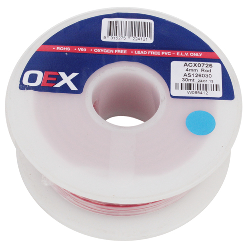 OEX Single Core Cable 15A Wire 30m Length 4mm x 1.84mm2 Red 30m Roll