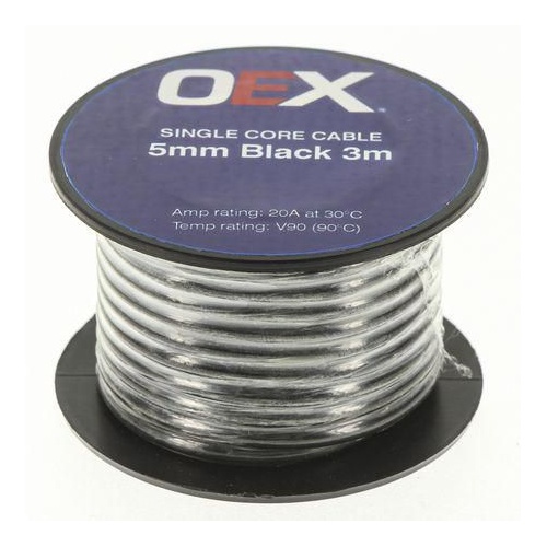 OEX ACX0750-3M Black Single Core Auto Cable 20A Wire 5mm x 2.9mm2 3 Metre Roll