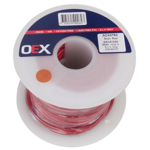 OEX ACX0752 Red Single Core Cable 25A Wire 30m Roll 5mm x 2.9mm2