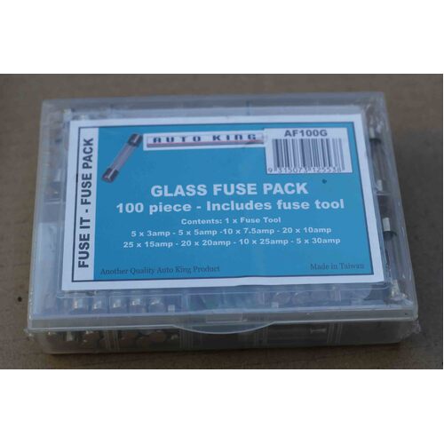 GLASS INLINE FUSE KIT 100pc INC FUSE TOOL 3A 5A 7.5A 10A 15A 20A 25A 30A AF100G