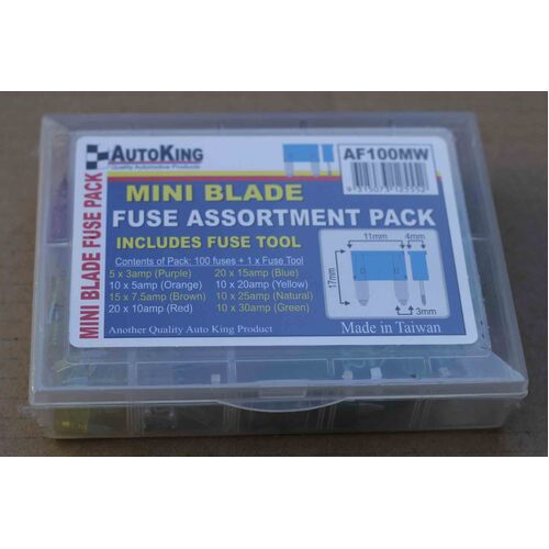 MINI BLADE FUSE ASSORTMENT KIT INC FUSE TOOL 3A 5A 7.5A 10A 15A 20A 25A 30A PACK