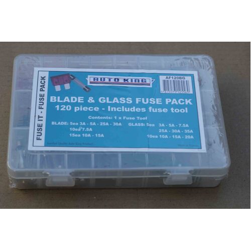 STANDARD BLADE & GLASS FUSE ASSORTMENT KIT INC FUSE TOOL 3 AMP TO 35 AMP
