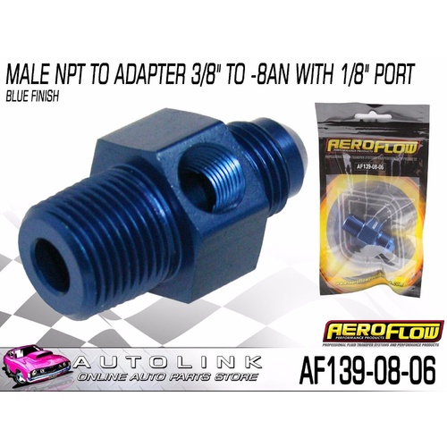 AEROFLOW MALE NPT TO ADAPTER 3/8" TO -8AN WITH 1/8" PORT - BLUE AF139-08-06