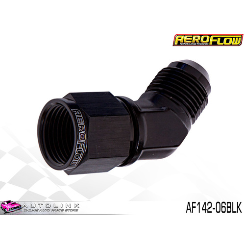 AEROFLOW 45° FEMALE / MALE FLARE SWIVEL -6AN BLACK FINISH AF142-06BLK