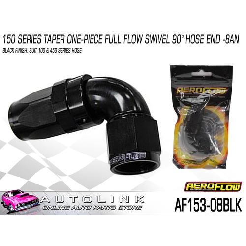 AEROFLOW 150 SERIES TAPER ONE-PIECE FULL FLOW SWIVEL 90° HOSE END -8AN AF153-08BLK