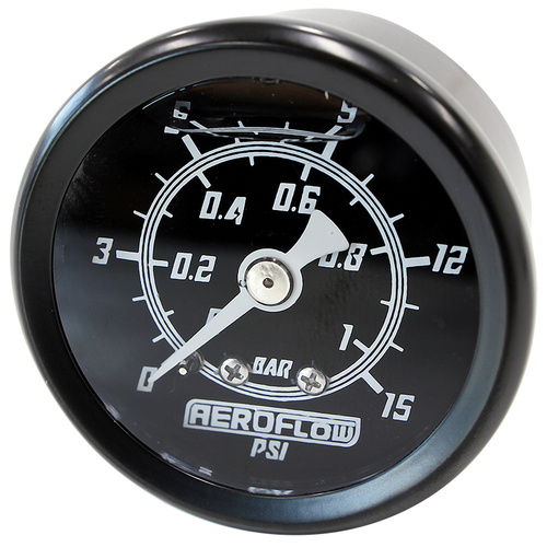 Aeroflow AF30-2200 1-1/2" Liquid Filled 15psi Pressure Gauge Black Face 1/8" npt