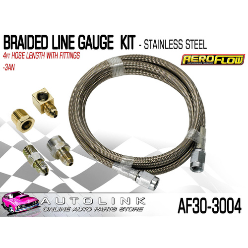 AEROFLOW STAINLESS STEEL BRAIDED LINE GAUGE KIT -3AN , 4FT HOSE WITH 4 FITTINGS