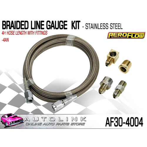 AEROFLOW STAINLESS STEEL BRAIDED LINE GAUGE KIT -4AN x 4FT HOSE WITH 4 FITTINGS