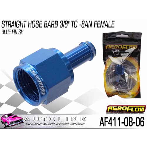AEROFLOW STRAIGHT HOSE BARB 3/8" TO -8AN FEMALE BLUE FINISH AF411-08-06