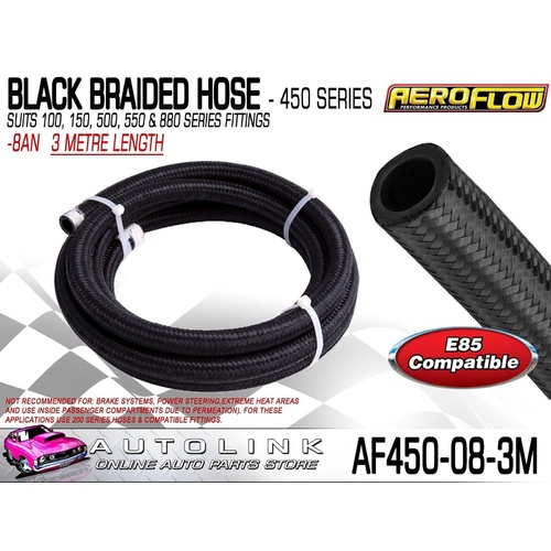 AEROFLOW AF450-08-3M BLACK BRAIDED LIGHT WEIGHT HOSE -8AN 450 SERIES x 3M ROLL