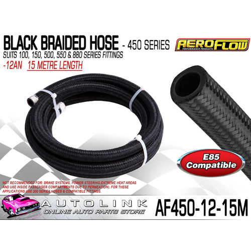 AEROFLOW BLACK BRAIDED LIGHT WEIGHT HOSE -12AN 450 SERIES ( 15 METRE LENGTH )