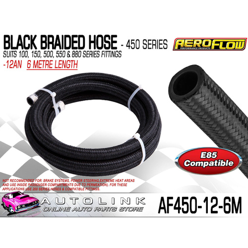 AEROFLOW BLACK BRAIDED LIGHT WEIGHT HOSE -12AN 450 SERIES ( 6 METRE LENGTH )