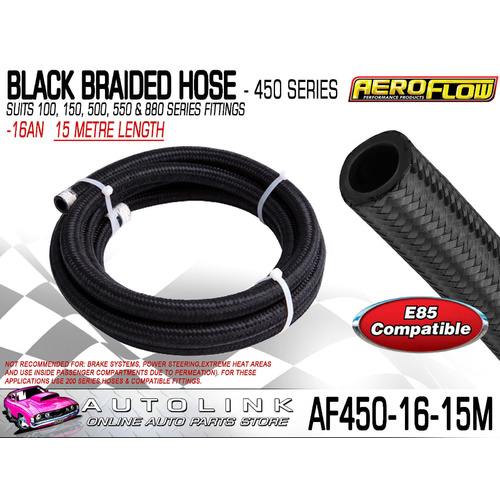AEROFLOW BLACK BRAIDED LIGHT WEIGHT HOSE -16AN 450 SERIES ( 15 METRE LENGTH )