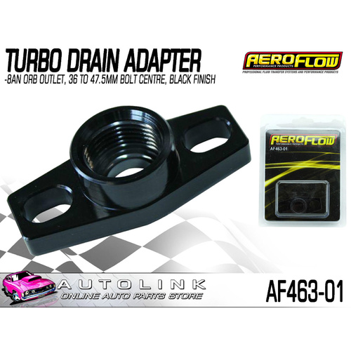 AEROFLOW TURBO DRAIN ADAPTER -8AN ORB OUTLET 36 TO 47.5MM BOLT CENTRE - BLACK