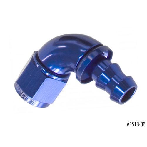 AEROFLOW BLUE FULL FLOW TIGHT RADIUS PUSH LOCK 90° HOSE END -6AN AF513-06
