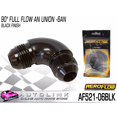 AEROFLOW 90° FULL FLOW AN UNION -6AN BLACK FINISH ( AF521-06BLK )