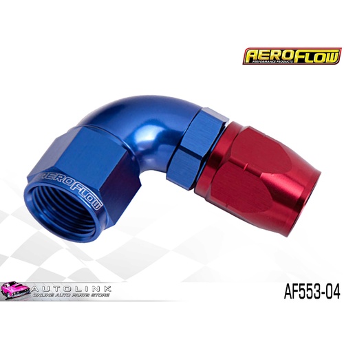 AEROFLOW RED/BLUE ONE PIECE CUTTER FULL FLOW SWIVEL 90° HOSE END -4AN AF553-04