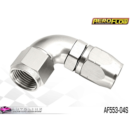 AEROFLOW SILVER ONE PIECE CUTTER FULL FLOW SWIVEL 90° HOSE END -4AN AF553-04S