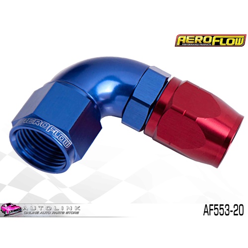AEROFLOW RED/BLUE ONE PIECE FULL FLOW SWIVEL 90° HOSE END -20AN AF553-20