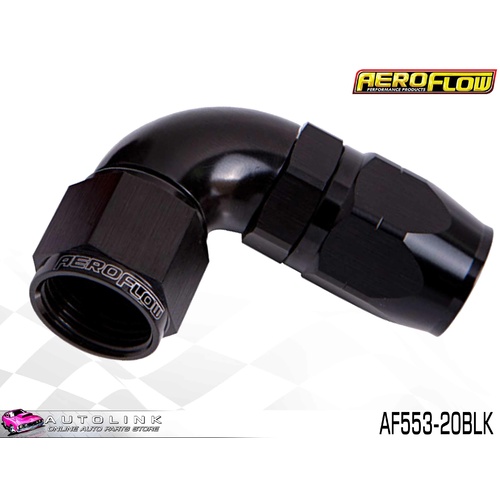 AEROFLOW BLACK ONE PIECE CUTTER FULL FLOW SWIVEL 90° HOSE END -20AN AF553-20BLK