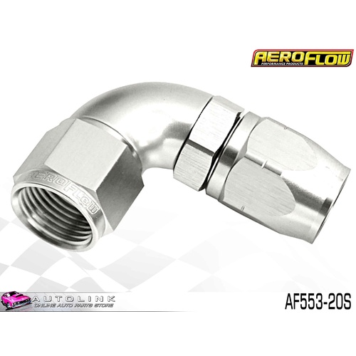 AEROFLOW SILVER ONE PIECE CUTTER FULL FLOW SWIVEL 90° HOSE END -20AN AF553-20S