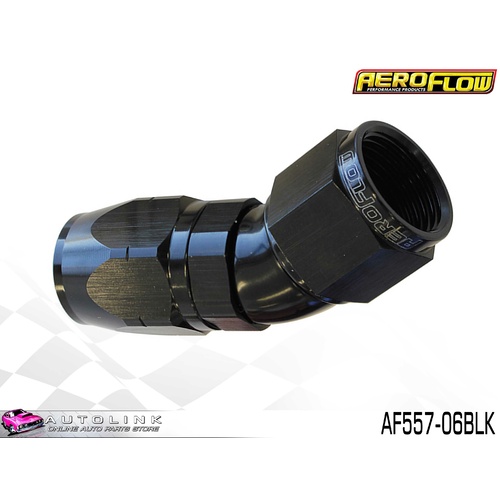 AEROFLOW BLACK ONE PIECE FULL FLOW SWIVEL 30° HOSE END -06AN AF557-06BLK