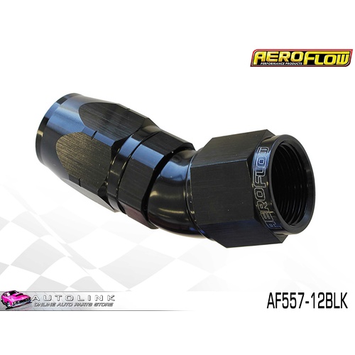 AEROFLOW BLACK ONE PIECE FULL FLOW SWIVEL 30° HOSE END -12AN AF557-12BLK