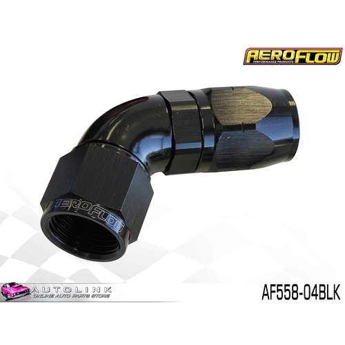 AEROFLOW BLACK ONE PIECE FULL FLOW SWIVEL 60° HOSE END -4AN AF558-04BLK