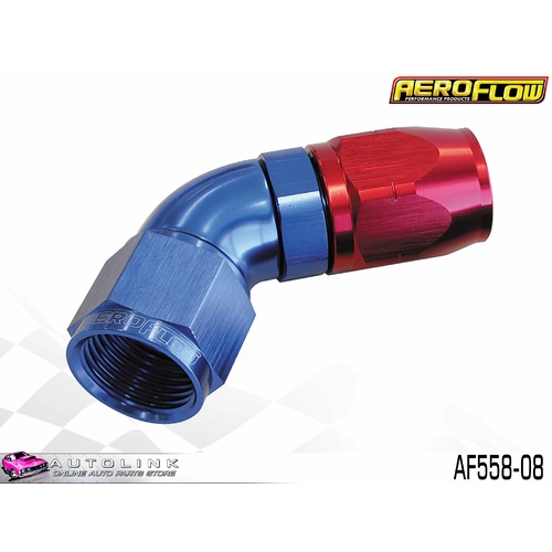 AEROFLOW RED/BLUE ONE PIECE CUTTER FULL FLOW SWIVEL 60° HOSE END -8AN AF558-08