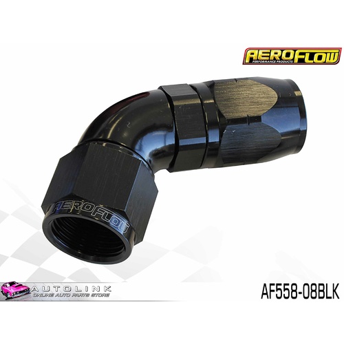 AEROFLOW BLACK ONE PIECE CUTTER FULL FLOW SWIVEL 60° HOSE END -8AN AF558-08BLK