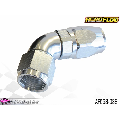 AEROFLOW SILVER ONE PIECE CUTTER FULL FLOW SWIVEL 60° HOSE END -8AN AF558-08S