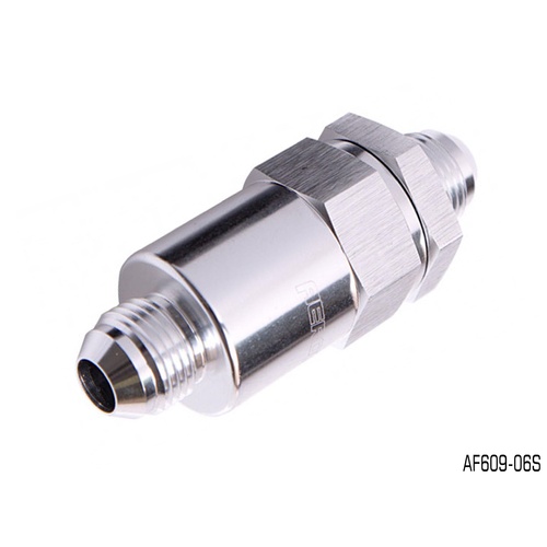 AEROFLOW BILLET IN LINE FUEL FILTER 30 MICRON -6AN SILVER FINISH 2" AF609-06S