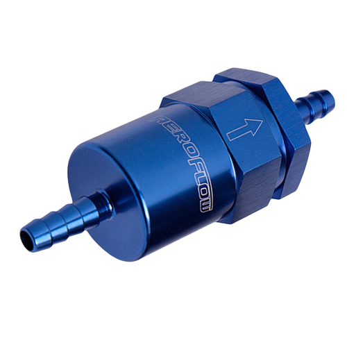 AEROFLOW BILLET FUEL FILTER 30 MICRON 1/2" HOSE BARB BLUE 2" LONG AF610-08