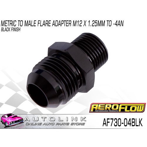 AEROFLOW METRIC TO MALE FLARE ADAPTER M12 x 1.25mm TO -4AN BLACK AF730-04BLK