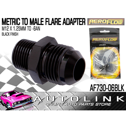 AEROFLOW FLARE ADAPTER METRIC TO MALE M12 X 1.25MM TO -6AN ( AF730-06BLK )