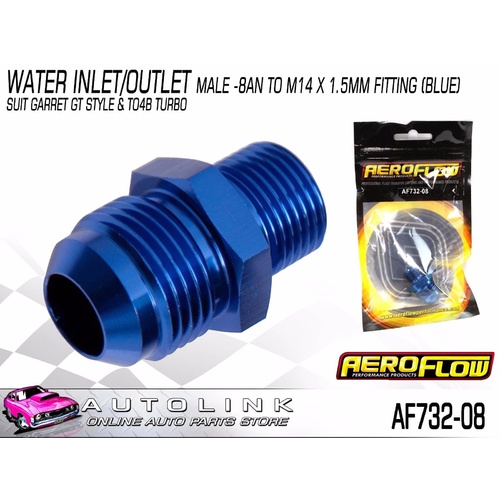 AEROFLOW WATER INLET/OUTLET MALE -8AN TO M14 X 1.5MM FITTING (BLUE) AF732-08