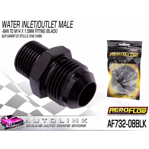 AEROFLOW WATER INLET/OUTLET MALE -8AN TO M14x1.5MM FITTING (BLACK) AF732-08BLK 
