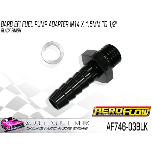 AEROFLOW BARB EFI FUEL PUMP ADAPTER M14 x 1.5mm TO 1/2" BLACK AF746-03BLK
