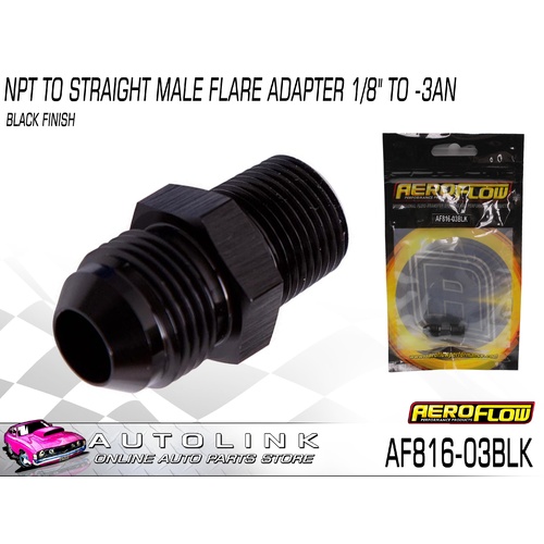 AEROFLOW NPT TO STRAIGHT MALE FLARE ADAPTER 1/8" TO -3AN BLACK AF816-03BLK