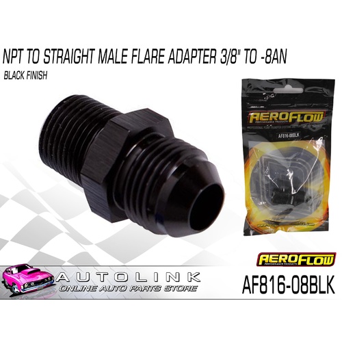 AEROFLOW NPT TO STRAIGHT MALE FLARE ADAPTER 3/8" TO -8AN BLACK AF816-08BLK