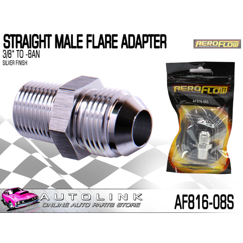 AEROFLOW STRAIGHT MALE FLARE ADAPTER 3/8" NPT TO -8AN SILVER FINISH (AF816-08S)