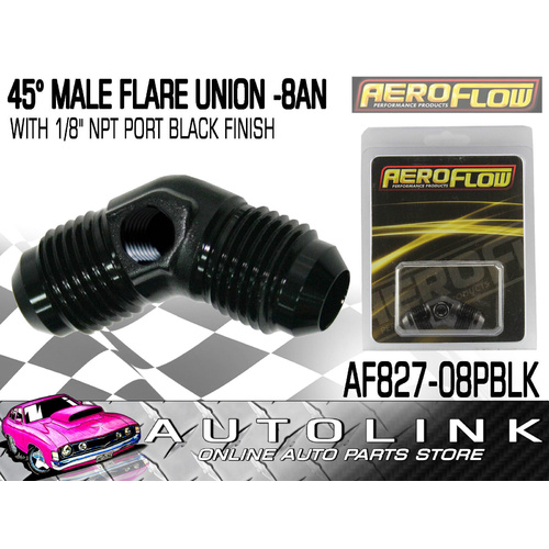 AEROFLOW AF827-08PBL 45° MALE FLARE UNION -8AN WITH 1/8" NPT PORT BLACK FINISH